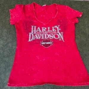 Harley Davidson Women's Red Graphic T-Shirt Brandon Florida V-Neck No Tag